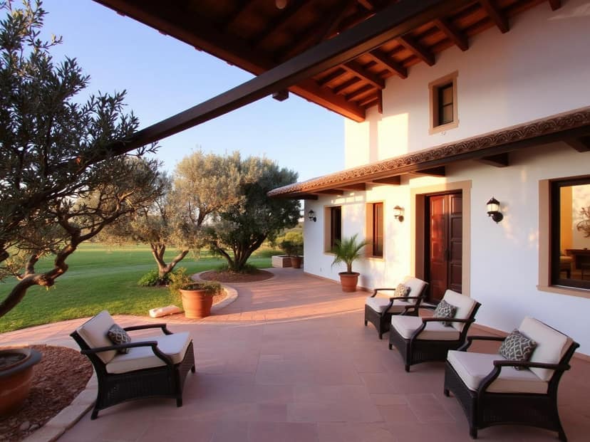 A terracotta-tiled terrace shaded by olive trees