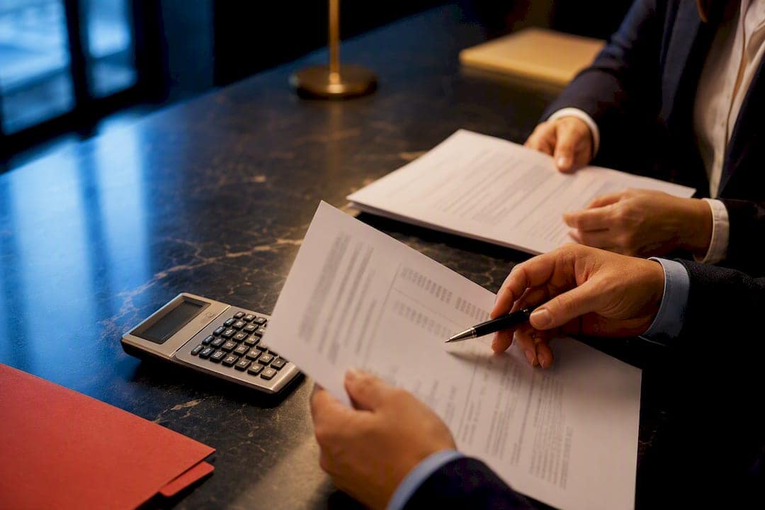 Mortgage fee documents and calculator on table