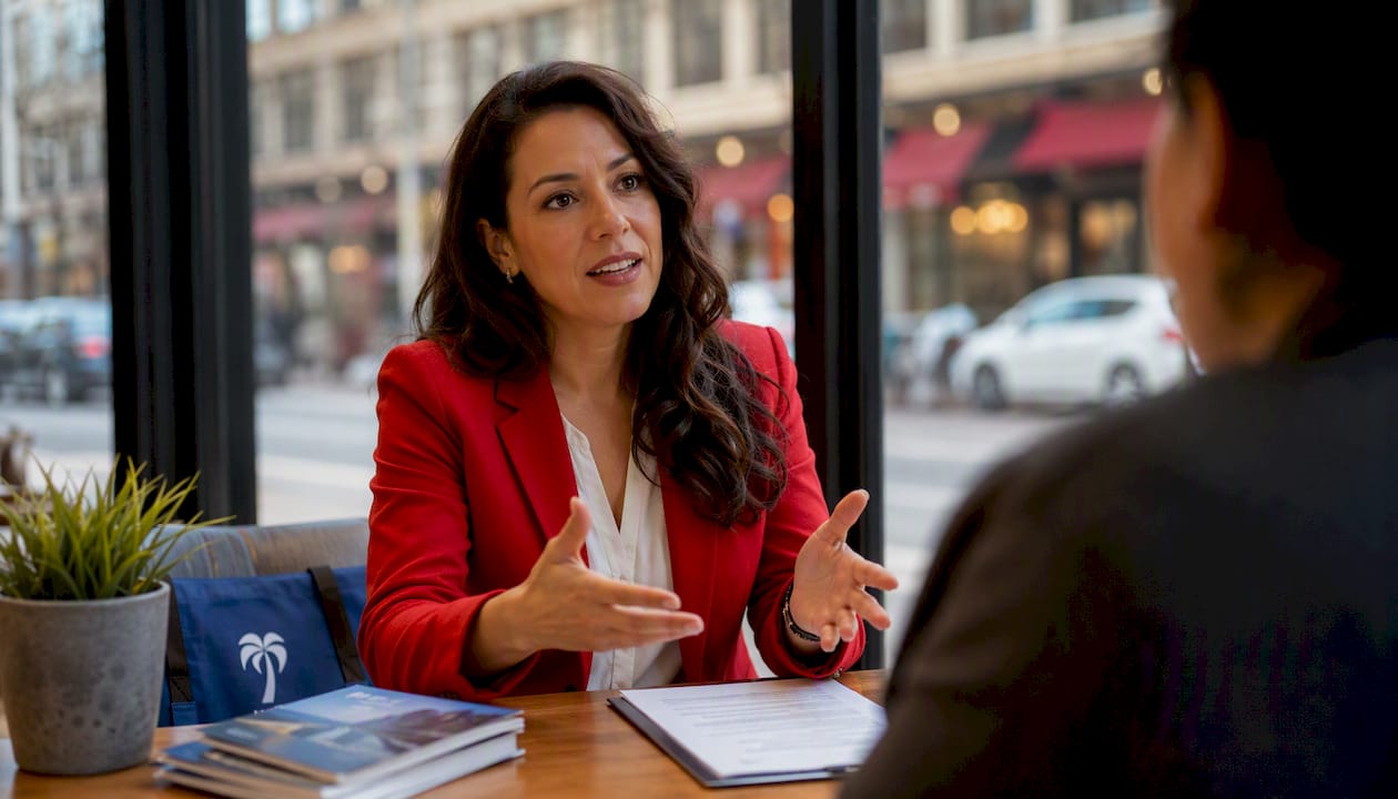 Spanish mortgage officer handing contract