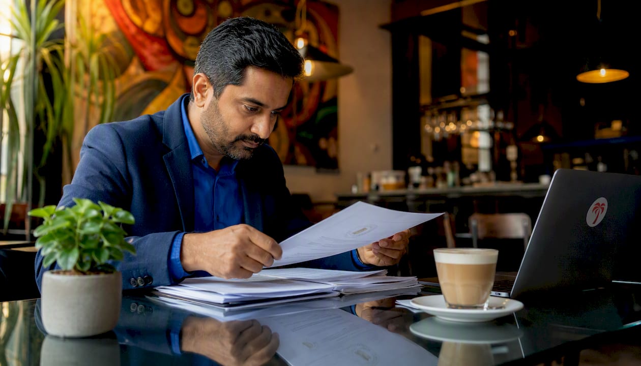 Hands sorting visa eligibility documents