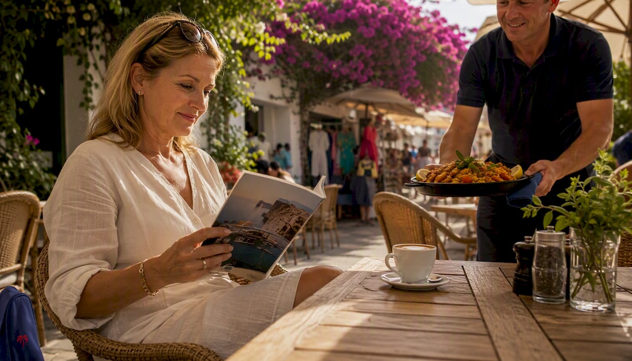 British woman at Benidorm outdoor café enjoying coffee