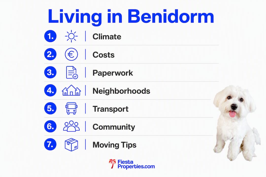Infographic illustrating living in Benidorm guide steps