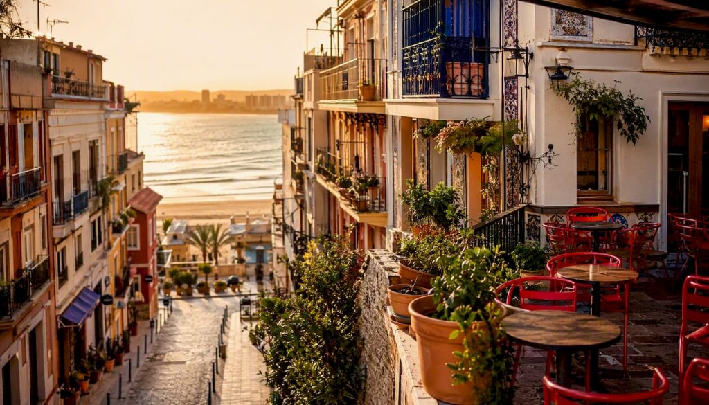 Sunny Alicante beachfront neighborhood street