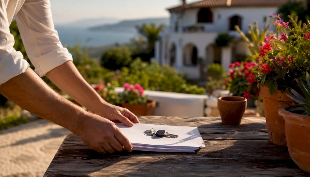 Hands holding legal forms and keys by Spanish coastal home