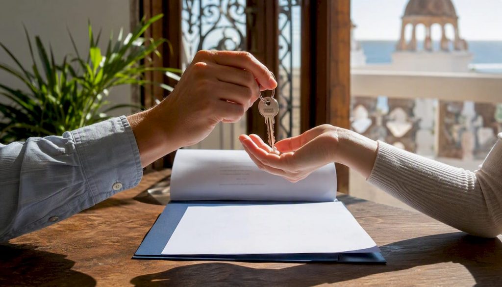 Hands exchanging keys and signing property deed
