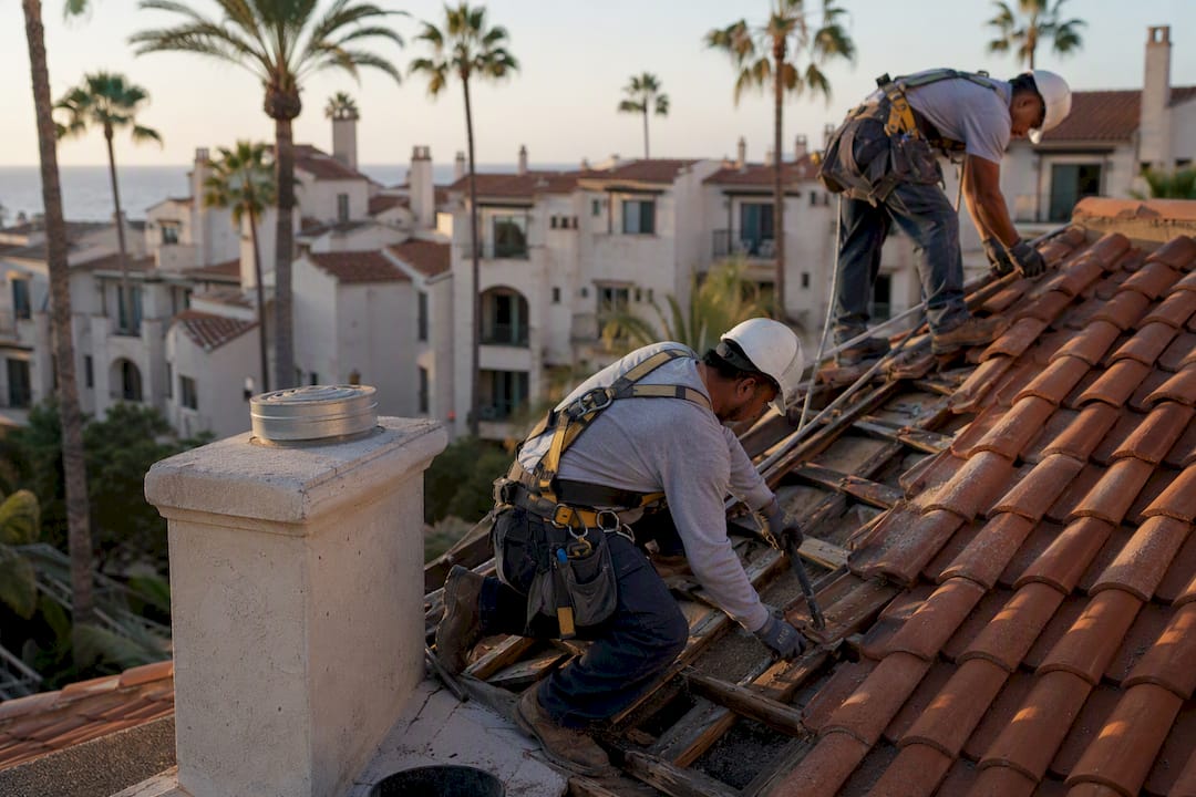 Workers repairing apartment roof under bright daylight