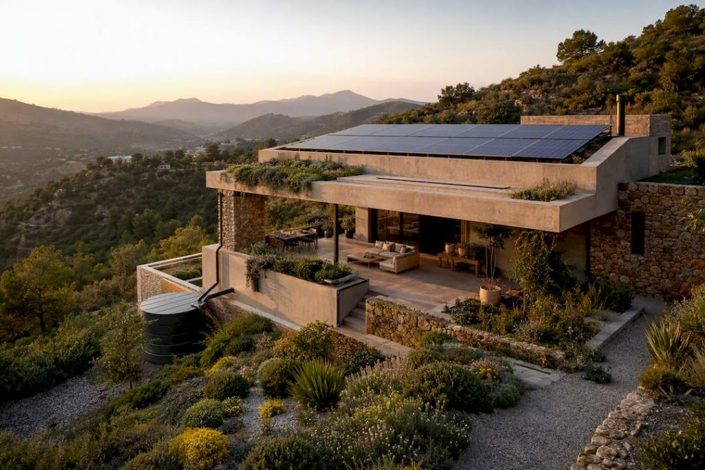 Modern eco home exterior with solar panels and native garden