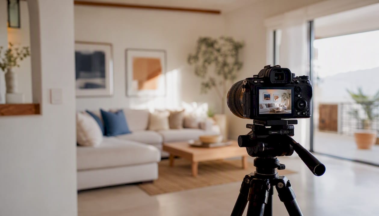 Camera set for photographing staged room interior